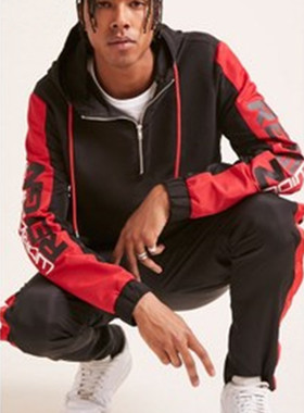 F21系列专柜正品撞色连帽套头字母运动拉链外套男 224749