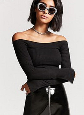 F21系列正品B-10-1-2-3一字领长袖棉质针织衫T恤女158840