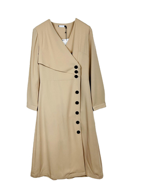 拉系专柜正品端庄气质纯色V领绑带不对称长裙风衣连衣裙 2L000829