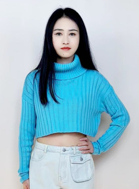 长袖高领短宽松毛衣女露腰
