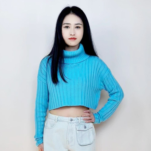 长袖高领短宽松毛衣女露腰