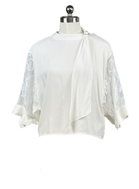 拉系列专柜正品飘带蕾丝拼接铜氨丝短款中袖白衬衫女夏2L000576