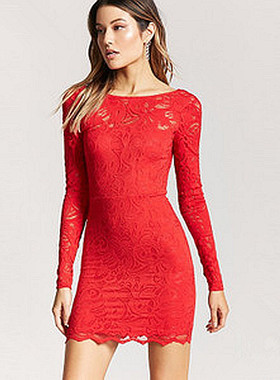 F21系列正品性感透视露背礼服蕾丝短裙长袖连衣裙 238512