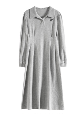 Mixblu麦斯兰专柜正品休闲翻领高腰纯色长袖棉质连衣裙秋BX227002