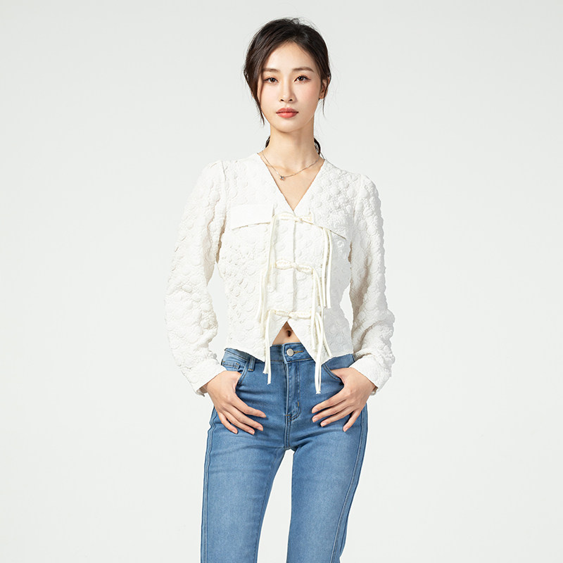 Mixblu麦斯兰专柜正品中国风浮雕短款长袖白衬衫女春夏秋BX32810A