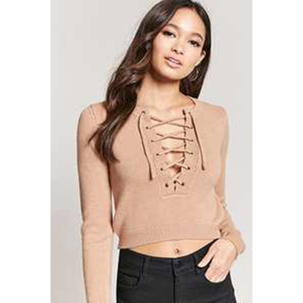 F21专柜正品个性绑带V领长袖露脐短款针织衫毛衣女230080