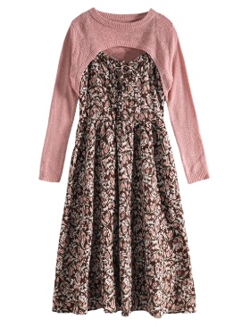 Mixblu麦斯兰专柜正品针织套头短衫吊带印花裙春秋套装女BX233003