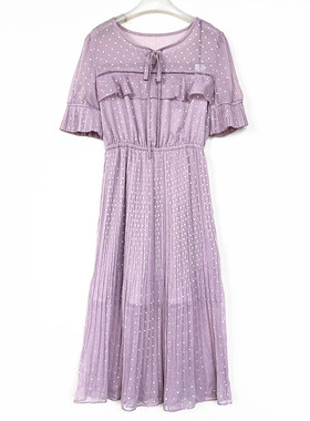拉系列女装高雅甜美星星印花圆领短袖雪纺长裙连衣裙10023155