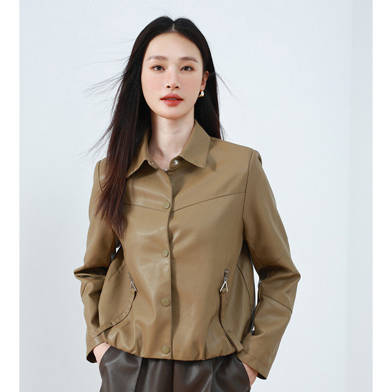 Mixblu麦斯兰专柜正品帅气纯色翻领仿皮PU短外套女春秋BX924022