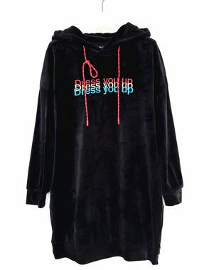 拉系列专柜正品休闲宽松绣字连帽丝绒中长款春秋冬卫衣女709D3005