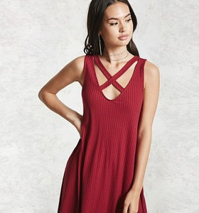 F21系列专柜正品性感纯色低领无袖针织宽松连衣裙 108640