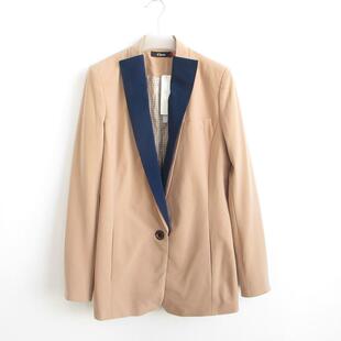 3窄领拼色显瘦茶色西装 艾格伊品正品 女春秋外套120121039