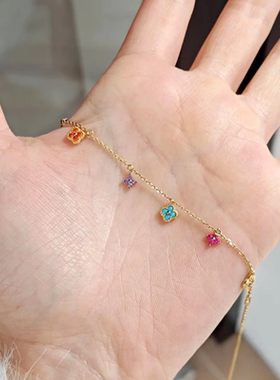 法兰西幸运四叶花项链女法式优雅彩色宝石轻奢锁骨链气质简约时尚