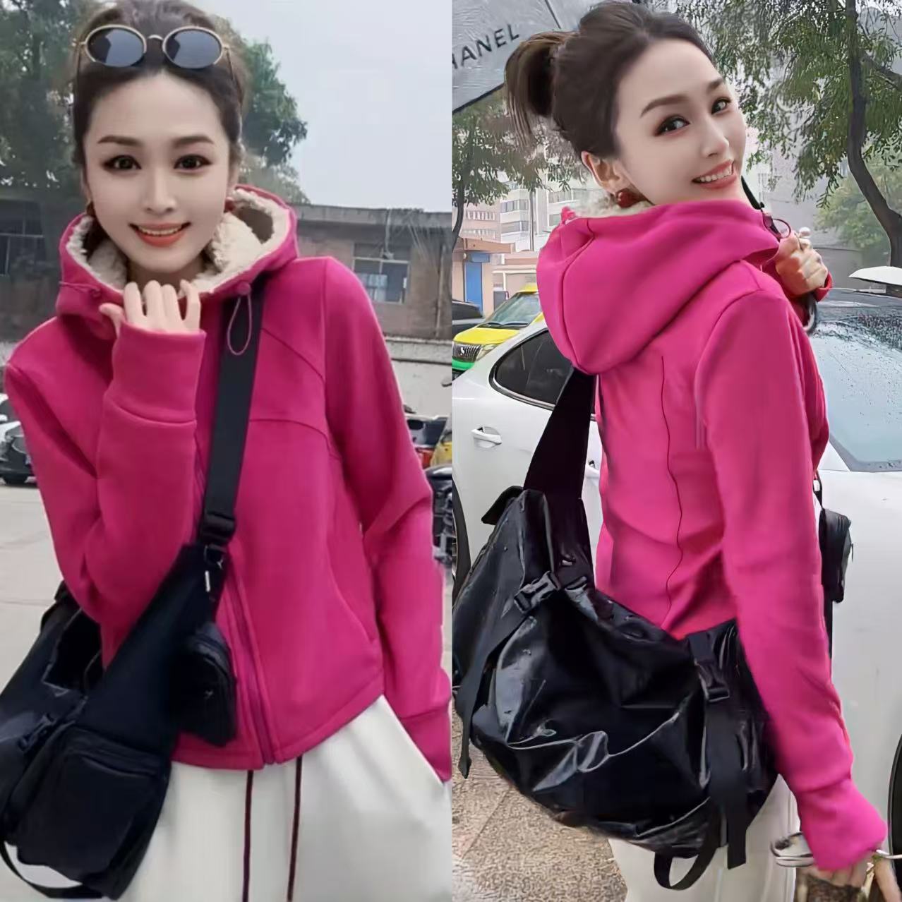 欧洲站双面澳绒加绒保暖连帽卫衣外套女冬季加厚显瘦防风运动上衣