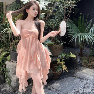 2025夏季新款纯欲雪纺吊带连衣裙女性感仙女荷叶边蛋糕裙超仙森系