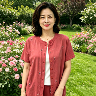 正品天然竹纤维气质妈妈短袖纽扣开衫轻薄亲肤中老年刺绣半袖D