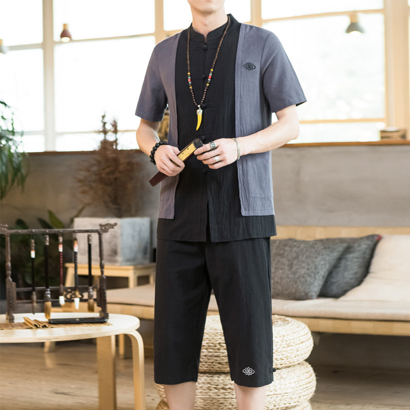 新中式男夏季棉麻汉服套装