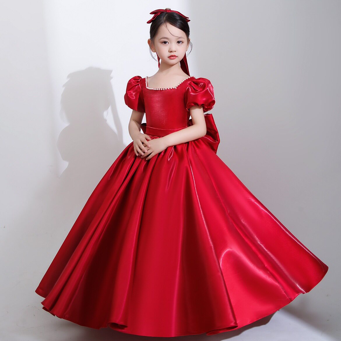 大码女童走秀绑带礼服缎面生日成人礼公主裙小提琴演奏钢琴演出服