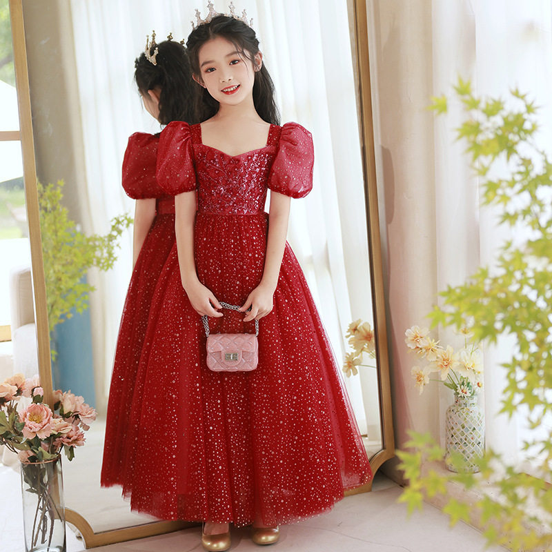 大码胖女生女大童红色晚礼服婚纱公主裙生日主持人花童钢琴演出服