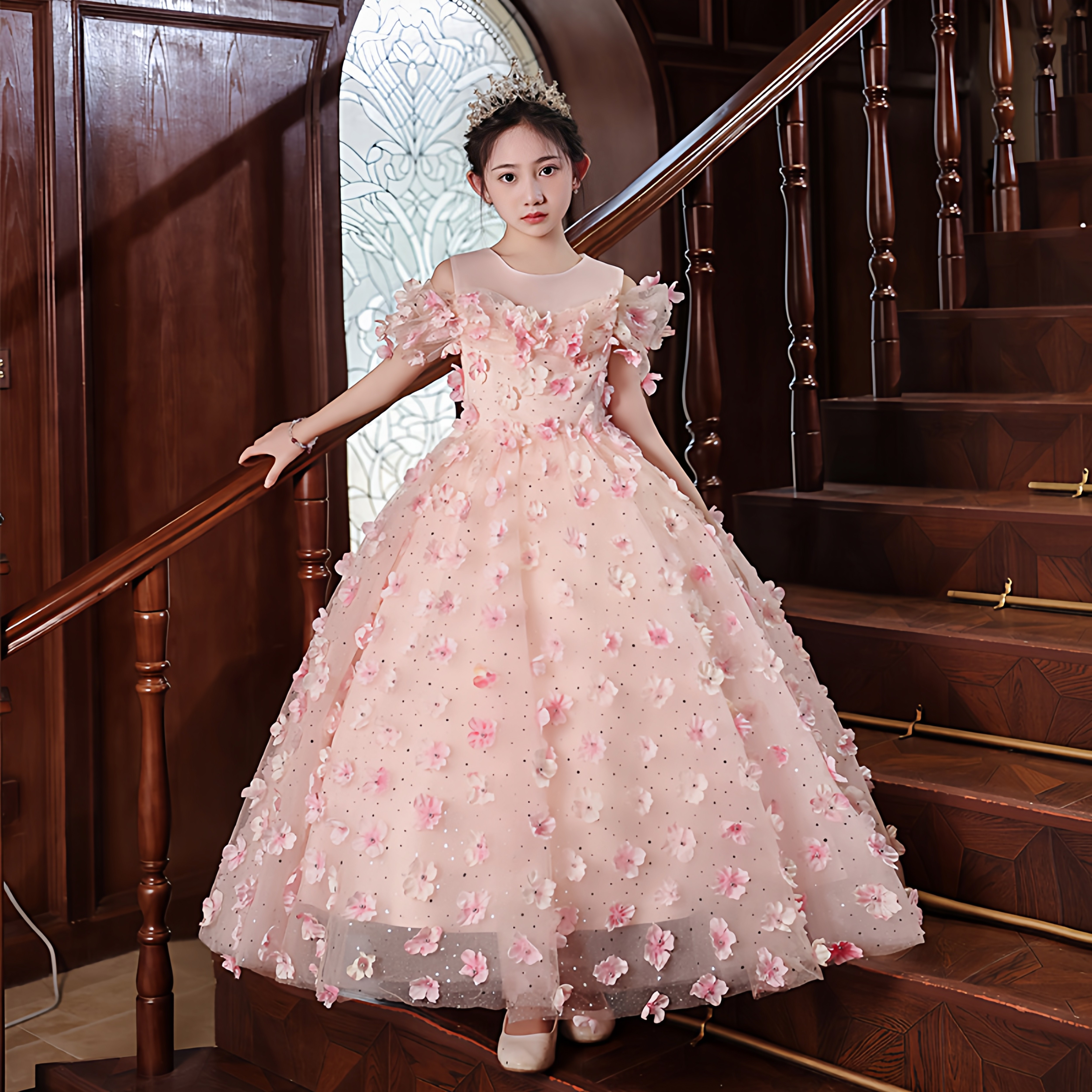 大码女童森系晚礼服粉色轻奢生日公主裙儿童小主持人钢琴走秀礼服