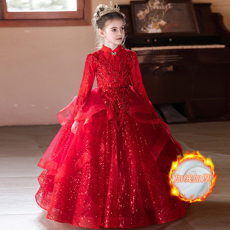 大码加肥女童新年红色礼服2026冬季主持人儿童钢琴演奏演出公主裙
