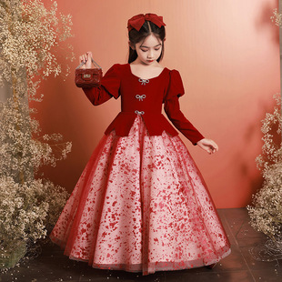 加大码红色长袖礼服公主裙婚纱生日元旦蓬蓬纱裙主持人钢琴演出服