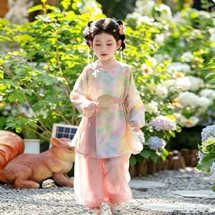 女童汉服宋制儿童圆领袍长袖粉色两件套中国古风宋裤唐装花朵图案