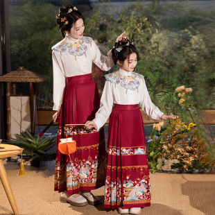 汉服连衣裙女童日常春秋款 汉服女童马面裙母女亲子套装 国风新中式