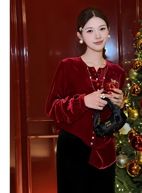 禾婉【马到呈祥】新中式丝绒彩扣衬衫女2026春季红色人丝显瘦上衣