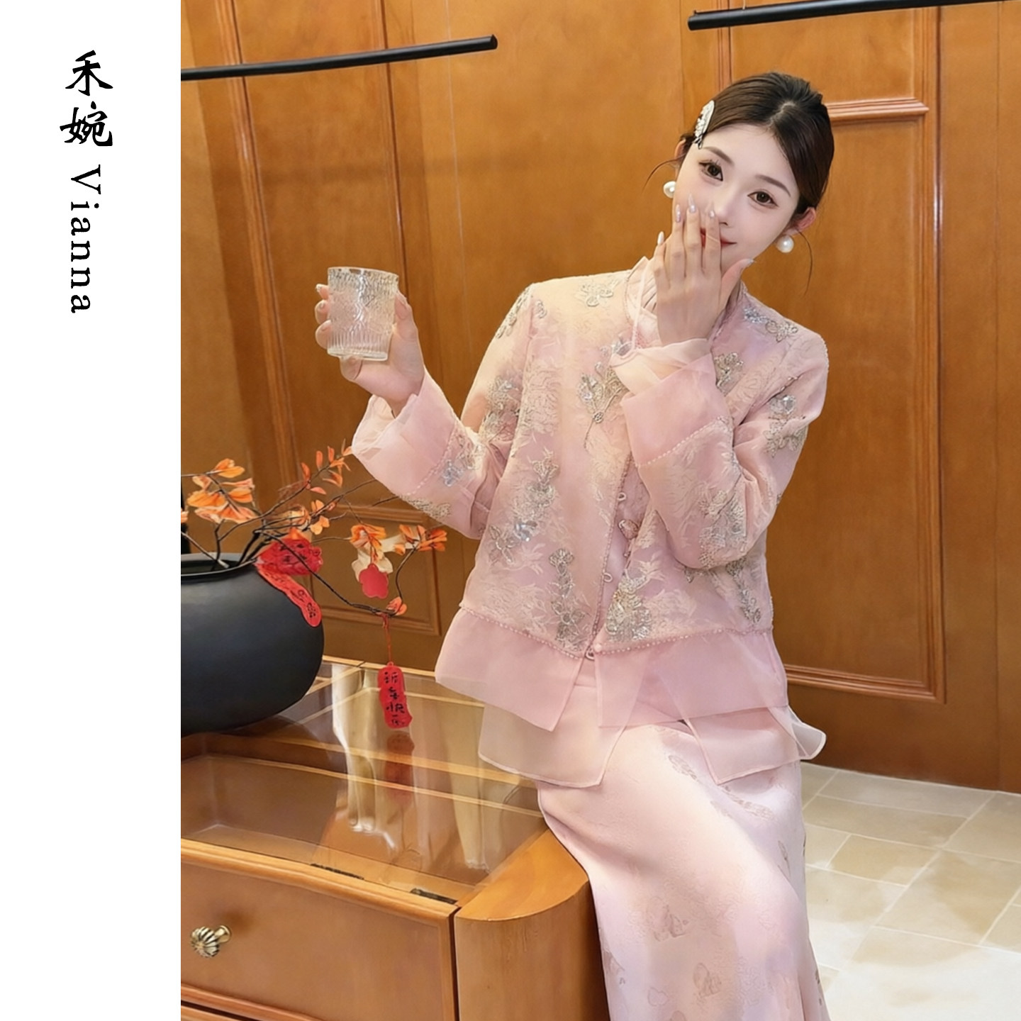 禾婉【粉樱金缕】新中式粉色提花外套女春款重工刺绣钉珠国风上衣