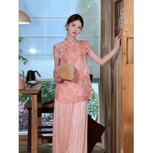 禾婉【桃花醉】浮光锦新中式短袖女2026夏季静奢风花卉雪纺衫衬衫