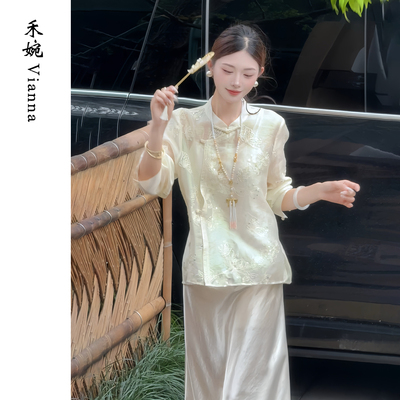 新中式盘扣立领刺绣开衫上衣