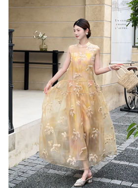 禾婉【金盏浮光】莱赛尔立体花卉刺绣夏显瘦无袖连衣长裙