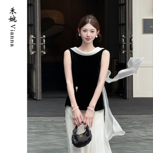 禾婉【人鱼珍珠】“100桑蚕丝”T恤女原创真丝丝绒拼接缎面领上衣