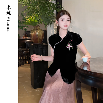 “100桑蚕丝”花瓣刺绣真丝T恤