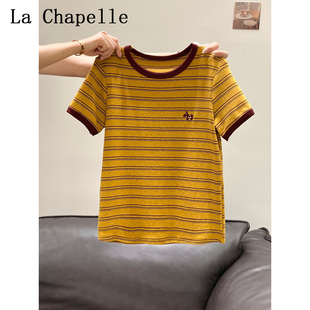 复古条纹撞色卡通刺绣短袖t恤女2026新款圆领正肩宽松百搭小上衣