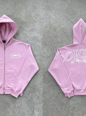 Corteiz 新款时尚流行粉色开衫拉链高街街头连帽卫衣长裤套装男女