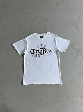 Corteiz恶魔岛白色哥特文印花短袖T恤男潮牌街头宽松圆领休闲上衣