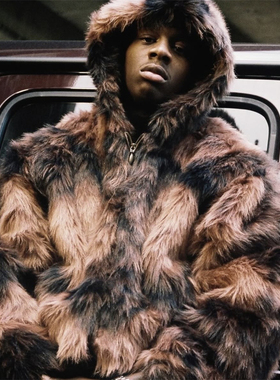 Corteiz 情侣款 faux fur hooded jacket-brown 迷彩提花长毛夹克