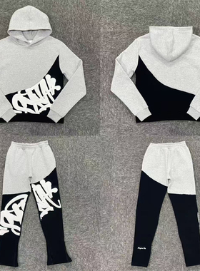 SYNA秋季新款街头男女运动白色贴布绣外套长裤套装宽松麻灰拼黑色