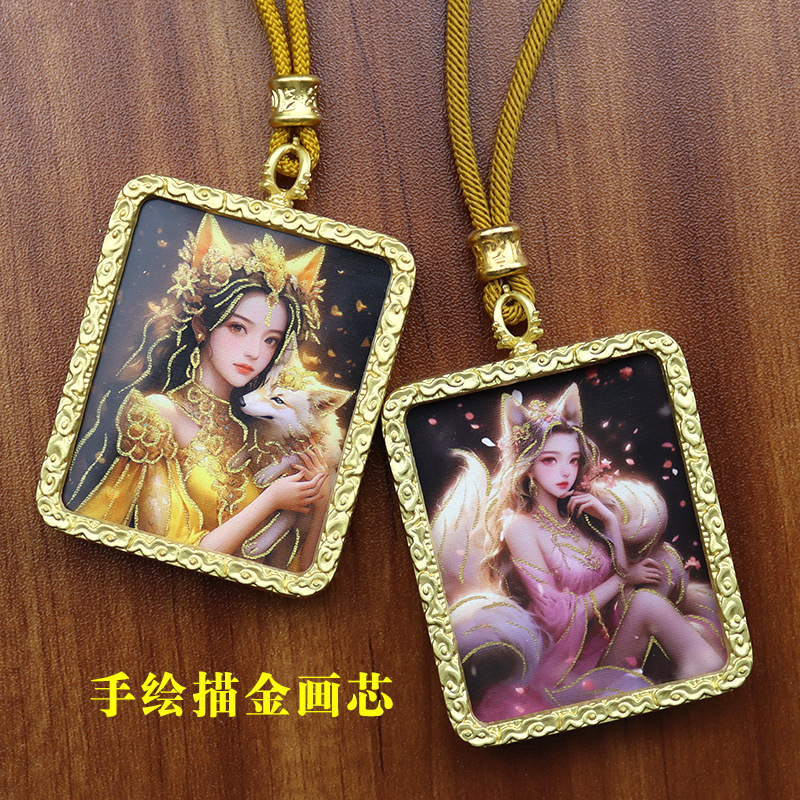 手绘描金唐卡佛牌吊坠金色方形