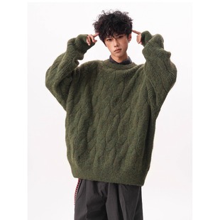 复古氛围感圆领纯色毛衣男女秋冬宽松慵懒麻花加厚情侣针织外套潮