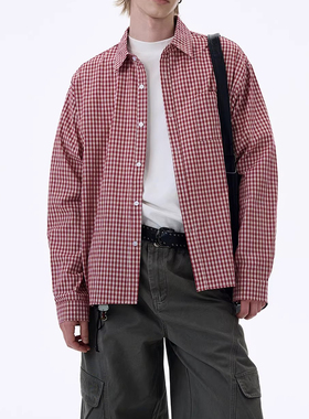 春季美式复古经典红色格纹长袖衬衫男女生高级感慵懒休闲开衫上衣