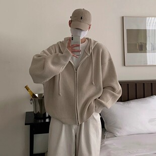双拉链连帽针织毛衣外套男士春秋日系休闲慵懒风百搭上衣毛织开衫