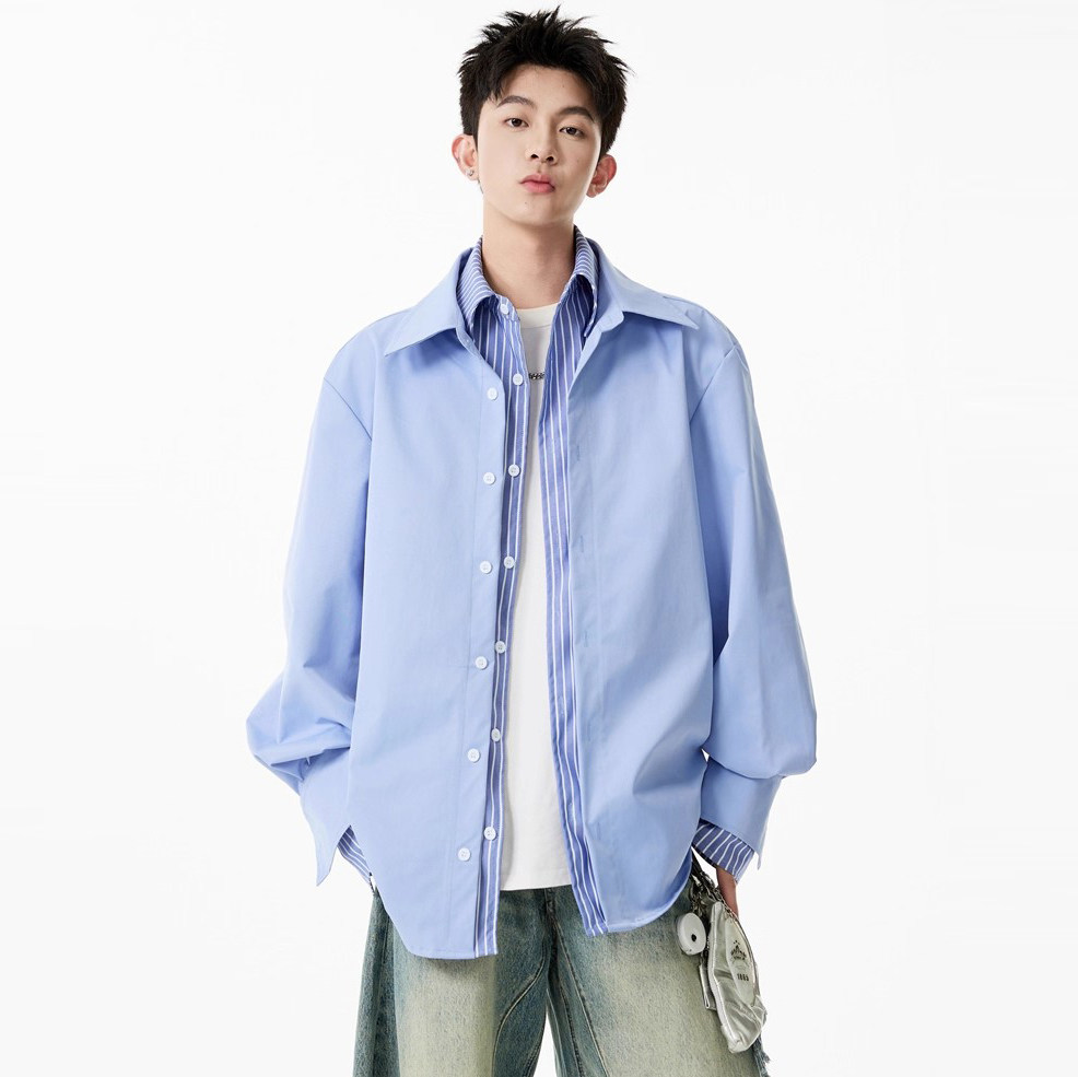 日系条纹蓝色假两件长袖衬衫男潮牌春秋季宽松百搭休闲衬衣外套