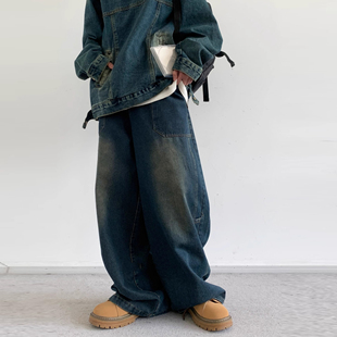 夏季 日系复古工装 特大特宽港风直筒宽松嘻哈阔腿长裤 牛仔裤 男大码