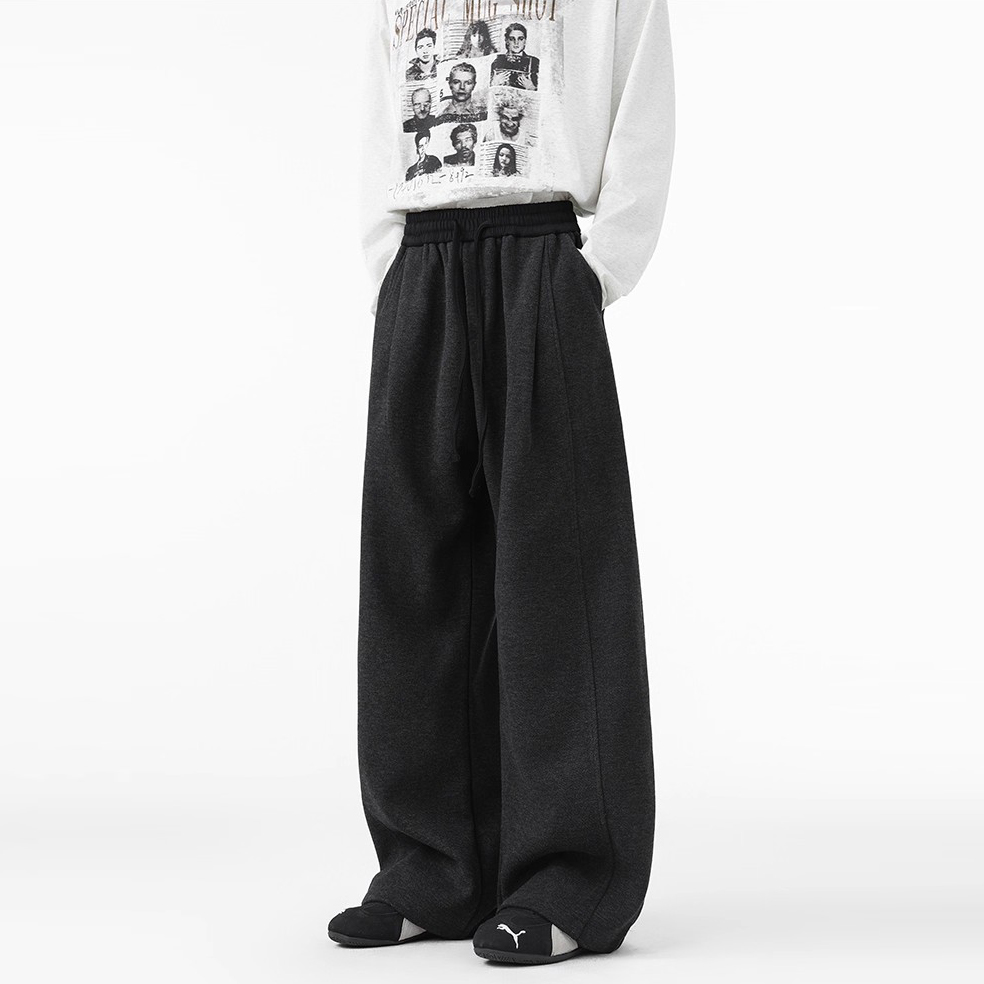 新款抽绳松紧腰纯色弯刀休闲裤男