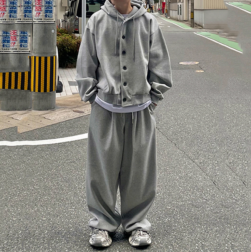 灰色连帽卫衣开衫外套男秋季阔腿休闲裤两件套纯色休闲运动套装