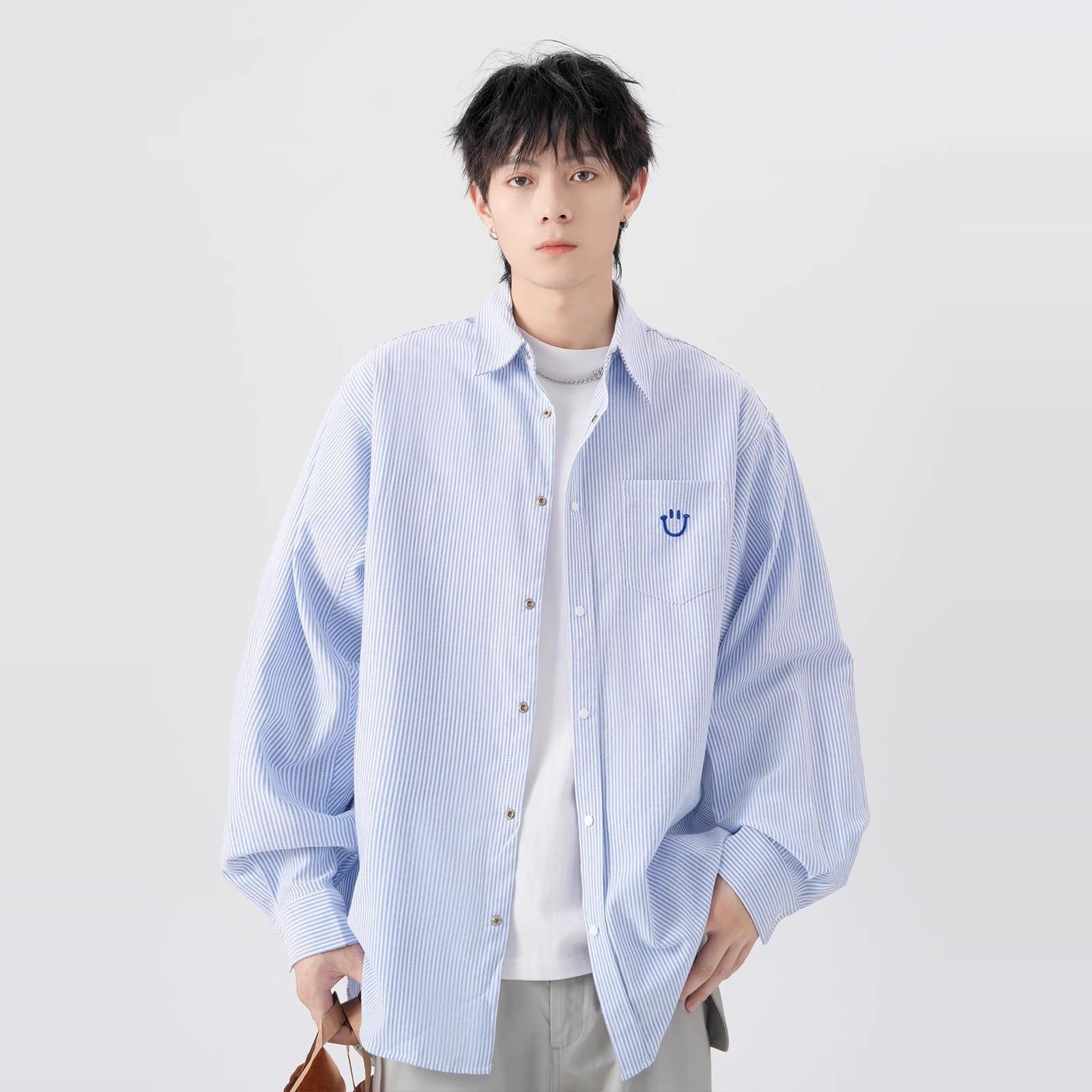 美式条纹长袖衬衫男春季潮牌宽松