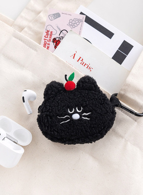 韩国ROMANE毛绒小黑猫BB耳机保护套苹果AirPods Pro/2/3/4代华为可爱女无线蓝牙耳机防尘包挂件小收纳包高级